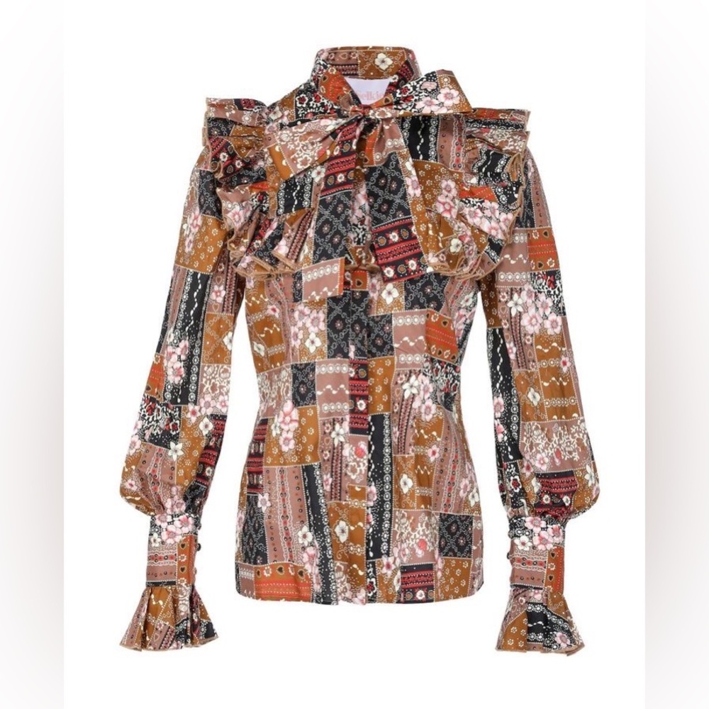 NWT Selkie The Elizabeth Blouse in Brown Pink and Black Patchouli Pattern Size S